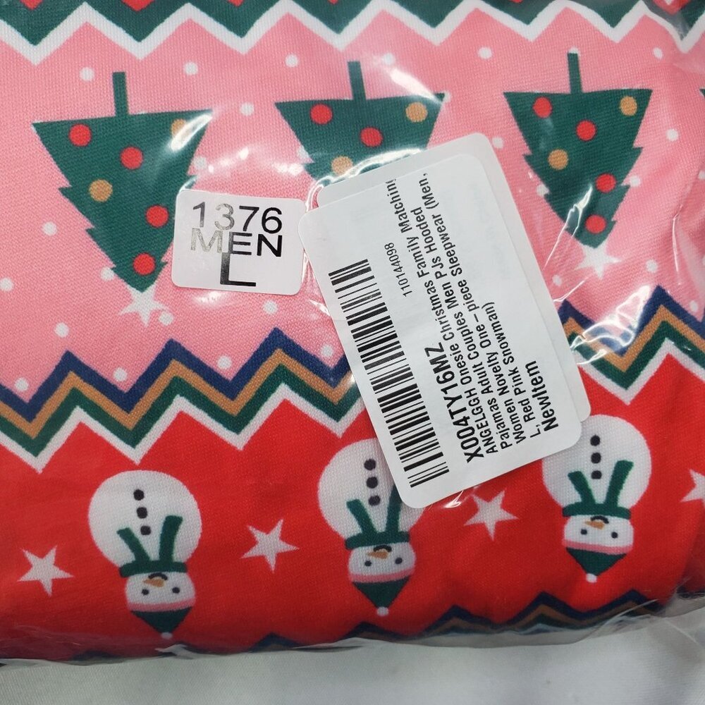 Mens Christmas Hooded Onesie Pajamas Size Large Red Pink Snowman Pattern - Picture 4 of 5